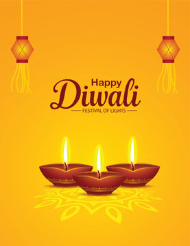Happy Diwali Festival Poster With Glowing Diyas Golden Decorations And Warm vector Background