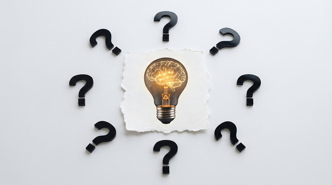 Creative concept image showing brain inside light bulb surrounded question marks