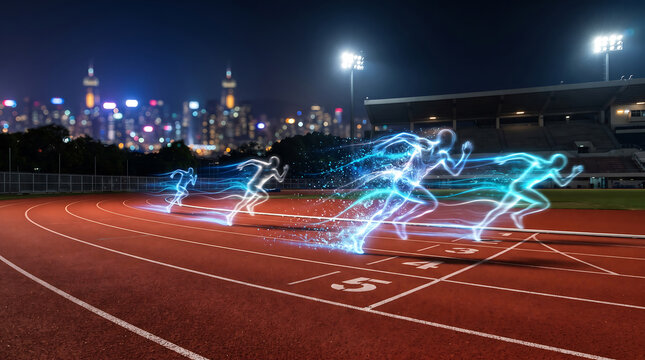 Nighttime track runners captured with motion blur and city lights background