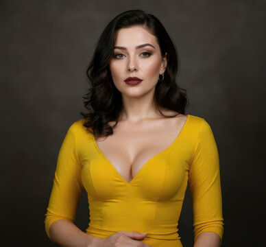Portrait of Elegant Woman in Yellow Dress with Dark Hair