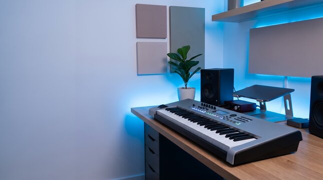 Electronic Synthesizer Keyboard on Wooden Desk in Modern Minimalist Home Recording Studio