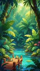 Fototapeta premium Vibrant cartoon jungle river scene with two cute frogs on wooden pier. Rich tropical plants, big green leaves surround calm blue water. Sun rays shine through dense rainforest trees in peaceful
