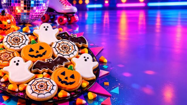 Neon retro Halloween cookies with roller skates and disco lights