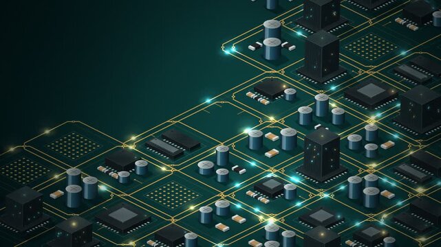 Isometric Circuit Board City with Glowing Data Traffic Seamless Loop