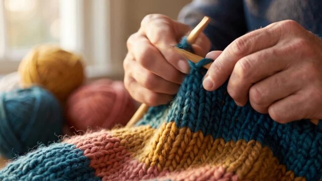 Close-up of hands knitting colorful fabric with wooden needles and soft yarn, illustrating traditional handicraft, creativity and relaxing hobby at home.