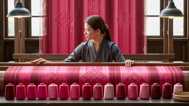 Silk Weaver's Artistry A woman skillfully operates a traditional loom, her hands gracefully guiding threads as spools of vibrant pink silk yarn are meticulously arranged before her.