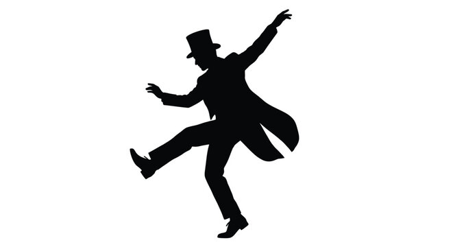 Dancing man wearing a top hat and coat black silhouette