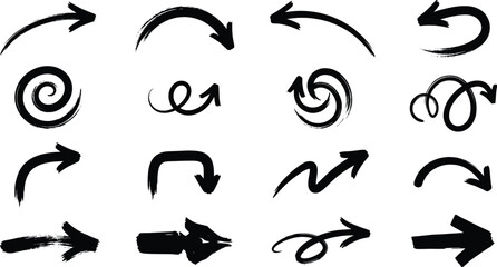 Fototapeta premium Brush stroke arrow vector set featuring black ink pointers spiral swirls curved arcs serpentine wave lines and calligraphic loop graphics isolated on a flat white background