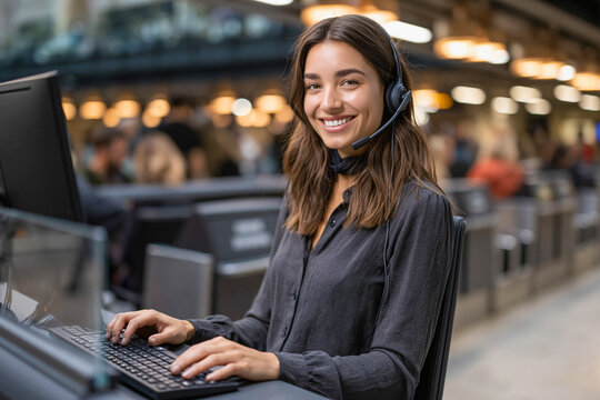 A Friendly Call Center Agent Smiling A smiling female call center agent with a headset is working at her computer in a busy office environment.