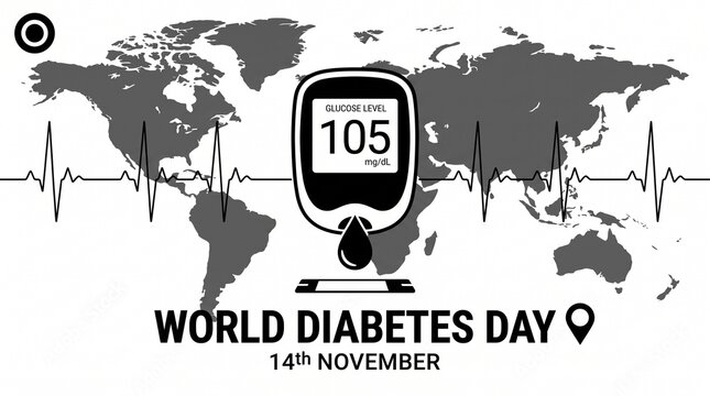 Black and white infographic vector illustration for World Diabetes Day 2026, featuring a world map, glucometer with a reading of 105 mg/dL, and an ECG waveform on a white background[cite: 1, 2, 3].