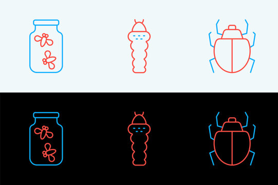 Set line Mite, Fireflies bugs in a jar and Larva insect icon. Vector