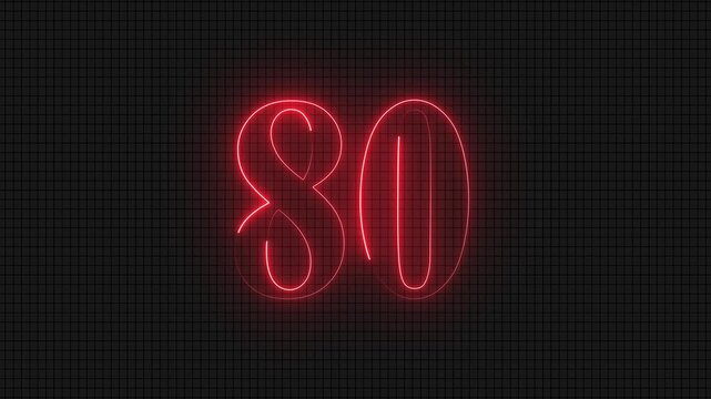 Glowing neon red number eighty on grid background