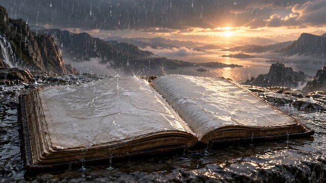 Open ledger book washed by rain in a rugged landscape symbolizing forgiveness