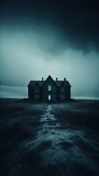 Moody Abandoned House on Dark Foggy Landscape