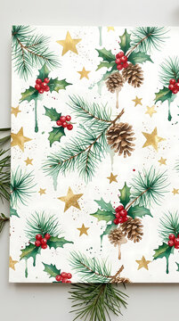 Christmas Watercolor Pattern with Pine Branches Pinecones Red Holly Berries and Gold Stars on White Background
