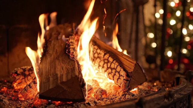 Firewood burning and sparks rising in a fireplace beside festive holiday lights. Christmas and winter holiday. Warm home atmosphere. Seasonal celebration and comfort.