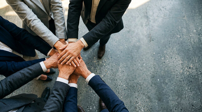Group of diverse business people stacking hands together on a concrete floor from an overhead view showing teamwork unity partnership support collaboration and success