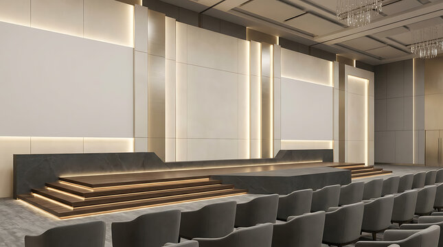 A modern corporate event stage and presentation auditorium featuring sleek tiered seating and glowing accent lighting along the walls