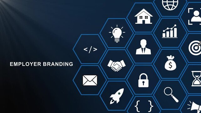 Employer branding concept featuring animated hexagonal network representing corporate recruitment, talent acquisition, human resources strategy, and modern digital business development solutions