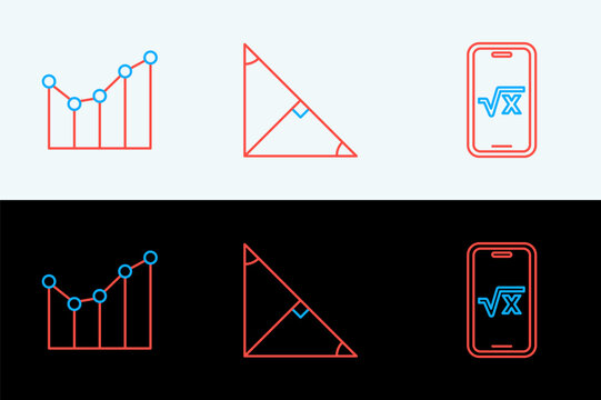 Set line Square root of x glyph, Graph, schedule, chart, diagram and Angle bisector triangle icon. Vector