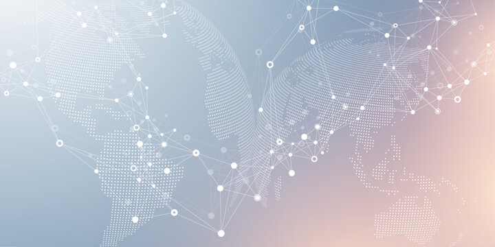 Digital network connections concept. Global connection lines and dots on dark blue background with copy space. Futuristic plexus effect. Vector illustration.