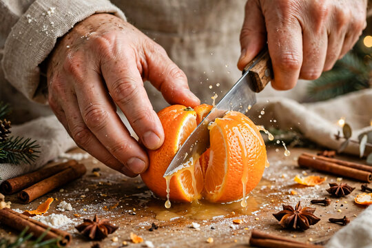 Gros plan sur des mains coupant une orange avec un couteau