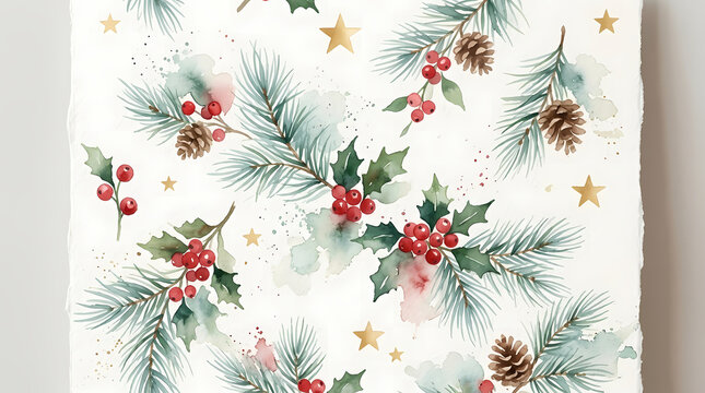 Watercolor Christmas Pattern with Evergreen Branches Red Berries Holly and Gold Stars