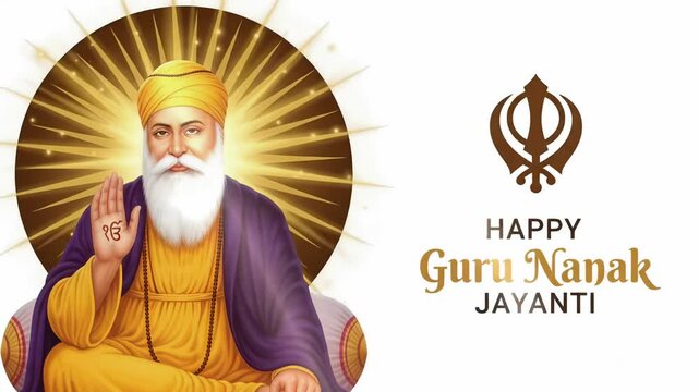 Guru Nanak Jayanti animated background with Khanda and radiant halo
