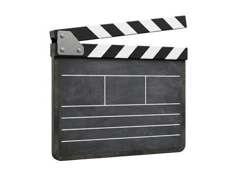 Movie clapperboard isolated on white background. Realistic 3D film production clapper board with open striped stick. Professional cinematography equipment for video making and filmmaking.