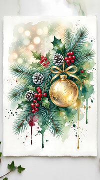 Festive Watercolor Christmas Illustration with Golden Bauble, Pine Branches, and Red Berries