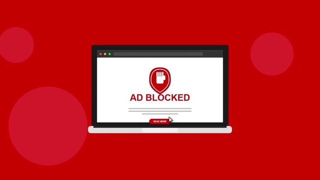 Ad block concept illustration showing a laptop computer displaying an ad blocked message on a red background