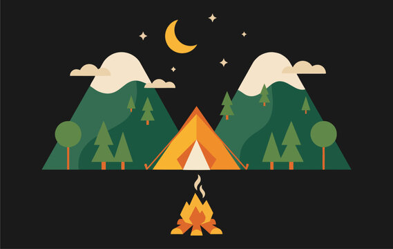 Flat illustration of a night camping scene with a tent campfire pine trees and mountains under a starry sky with a crescent moon