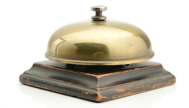 vintage brass service bell isolated white background classic hotel reception counter accessory for hospitality website banner