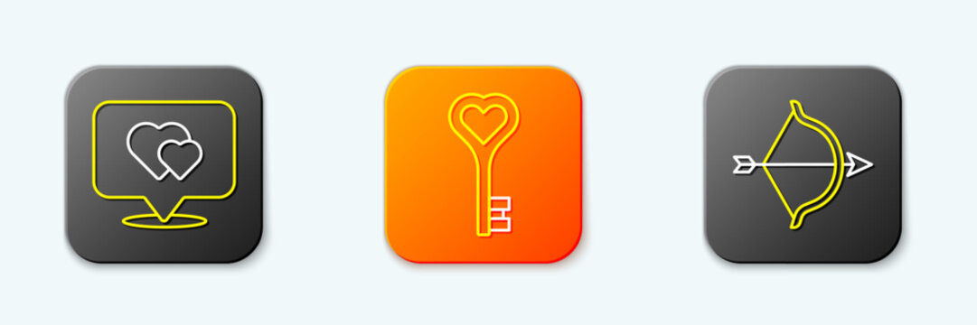 Set line Location with heart, Key in shape and Bow and arrow icon. Vector