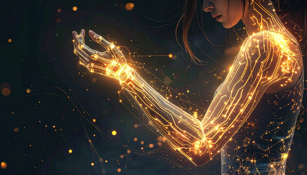 Digital human arm with glowing golden circuit board lines in dark space