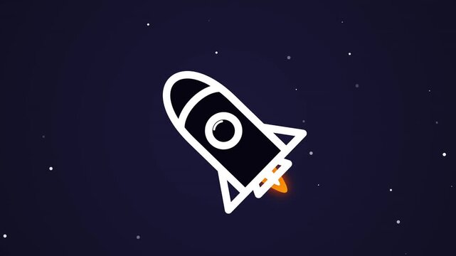 Animated rocket launch motion graphic featuring a minimalist white rocket, glowing orange flame, dark space background, and floating stars. Suitable for concepts related to space exploration, startup,