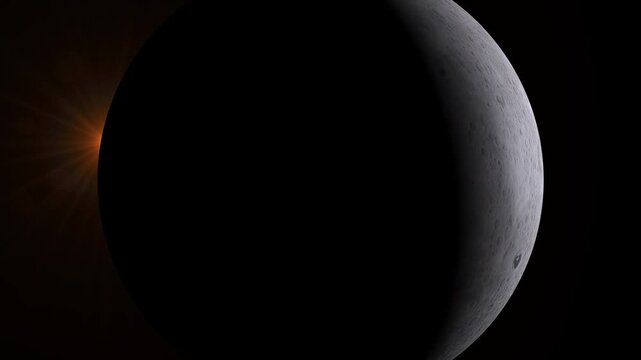 Crescent moon phase with glowing sun flare edge against deep black