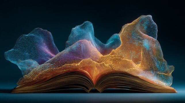 An open book with a glowing digital particle wave emerging from its pages against a dark background.