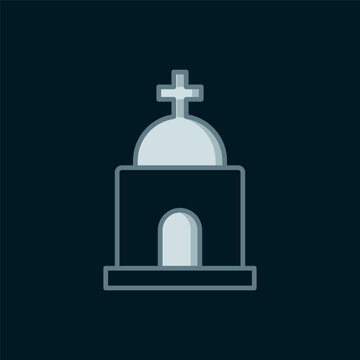 Line Old crypt icon isolated on black background. Cemetery symbol. Ossuary or crypt for burial of deceased. Flat filled outline style with shadow. Vector