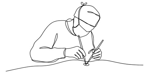 Surgeon performing surgery continuous line art depicts medical professional in mask and scrubs using precision instruments. © Tumpa
