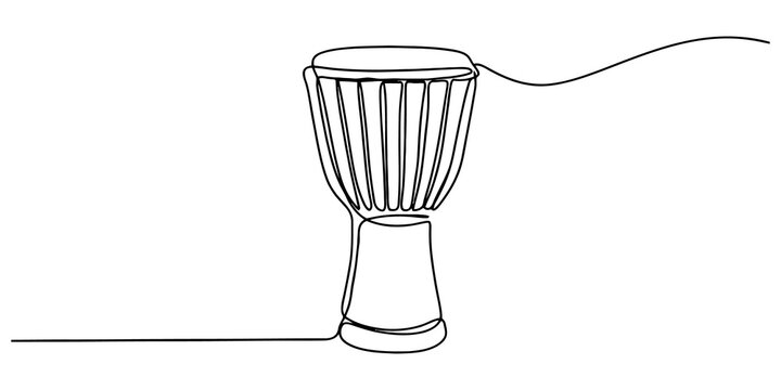 Traditional african djembe drum continuous line drawing representing ethnic musical instrument culture and folk rhythm art.
