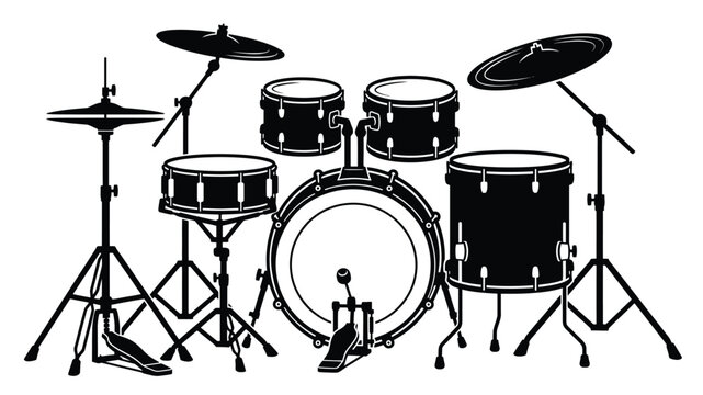 Acoustic drum set vector illustration, classic black and white drum kit graphic, percussion musical instrument outline for band posters and rock music design