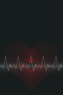 Minimalist geometric red hearts with white heartbeats linework on black background modern retro style vertical template have blank space.