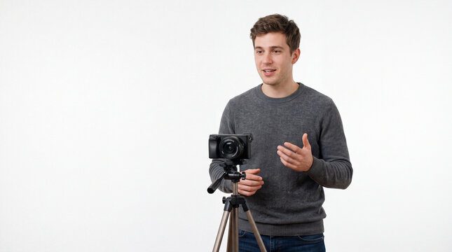 Young man recording a video blog with professional camera on tripod