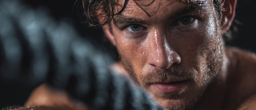 A close up portrait of a sweaty man with intense eyes looking forward against a dark background.