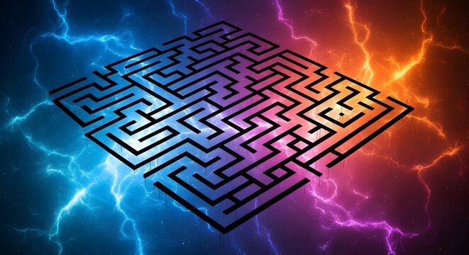 Abstract maze pattern in contrasting blue and orange lightning energy fields symbolizing dilemma and choice