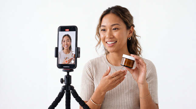 Asian influencer filming cosmetic product tutorial on white backdrop