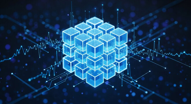 Futuristic Blockchain Data Cube with Digital Network Grid for Tech Innovation and Digital Transformation