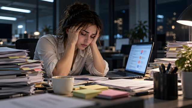 Exhausted young businesswoman at office desk with stacks of documents and laptop working late at night, overwork and job burnout