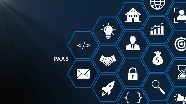 Platform as a service paas concept with digital hexagonal network representing cloud computing, software development, business strategy, data security, and modern enterprise technology solutions